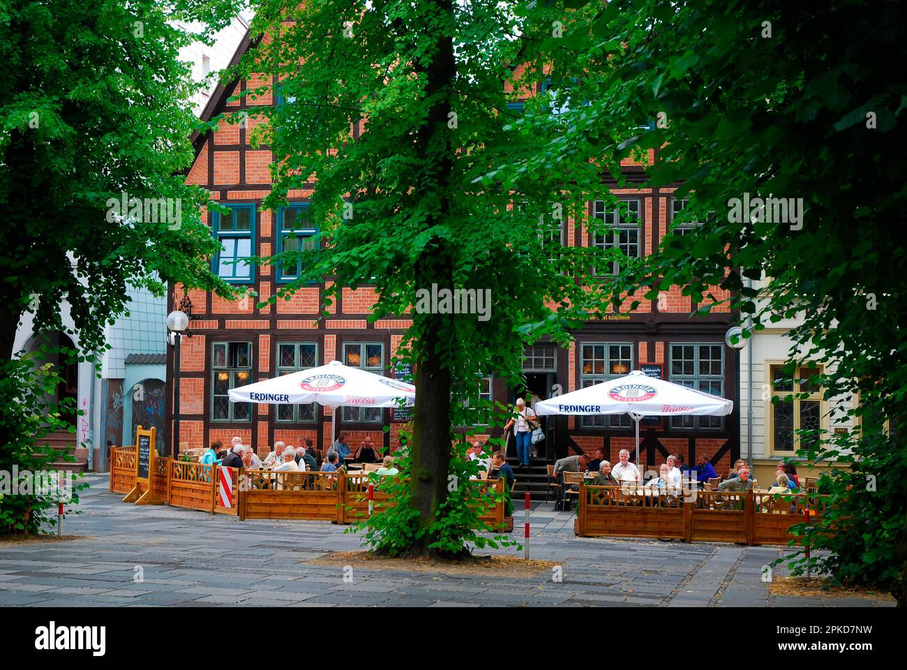 Brick houses, summer, beer garden, Schwerin, Mecklenburg-Vorpommern, Germany Stock Photo
