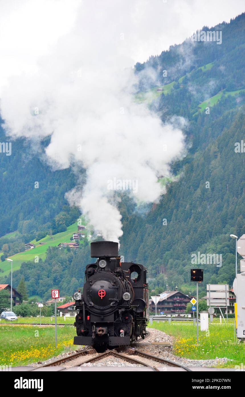 Steam train, nostalgia train, narrow gauge railway, Zillertalbahn, tourism, Mayerhofen, Zillertal, Tyrol, Austria Stock Photo