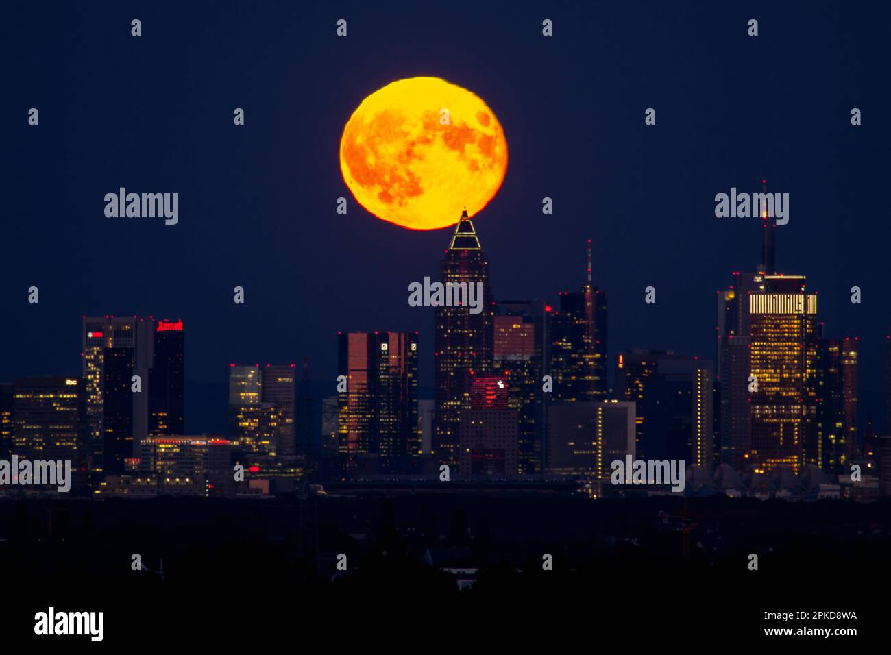 Moon over the skyline, Frankfurt, Hesse, Germany Stock Photo