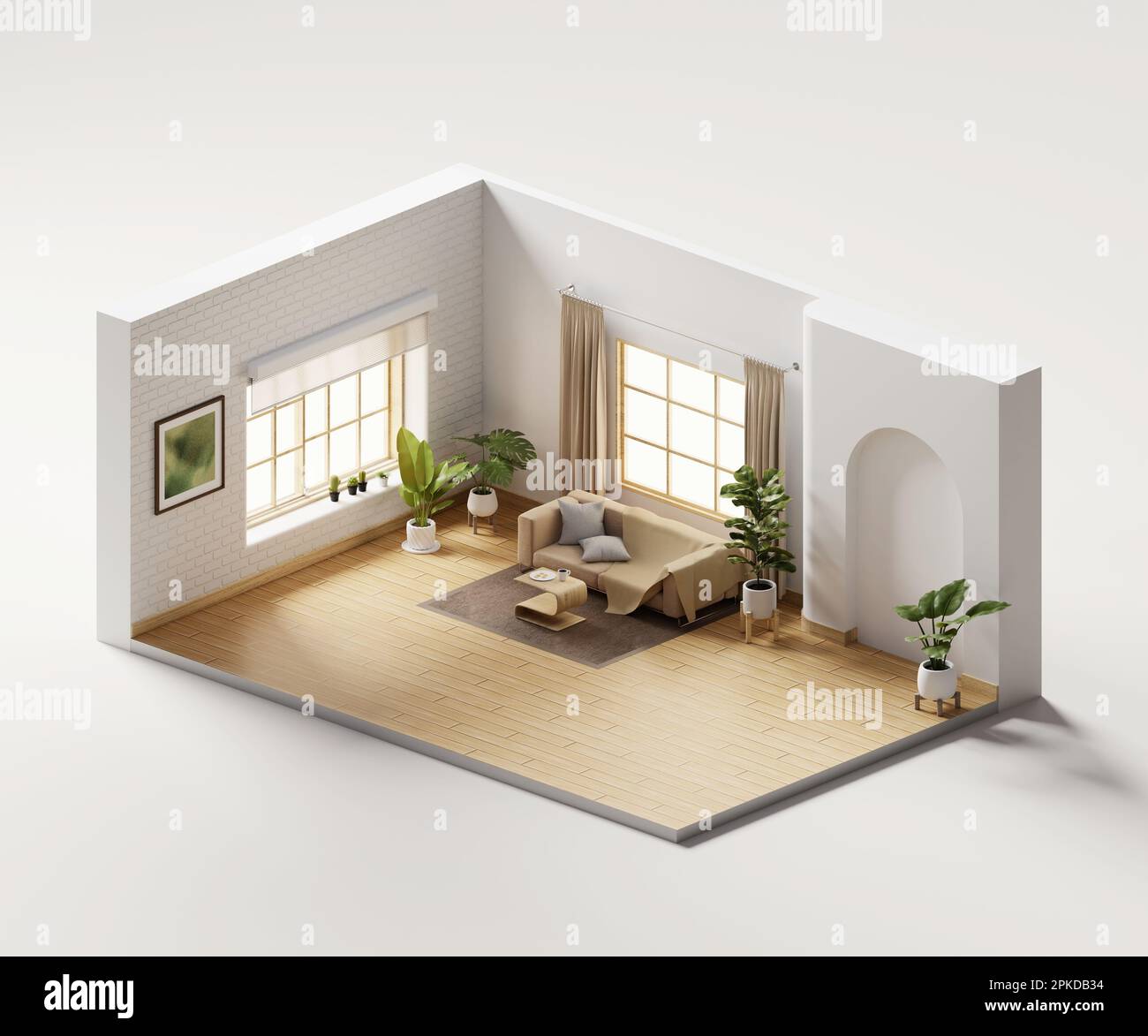 Isometric view living room muji style open inside interior architecture ...