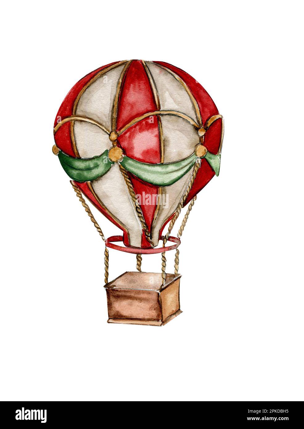 Watercolor hot air vintage balloon . Hand drawn baby illustration of vintage aircraft on isolated background. Cute drawing for newborn shower Stock Photo