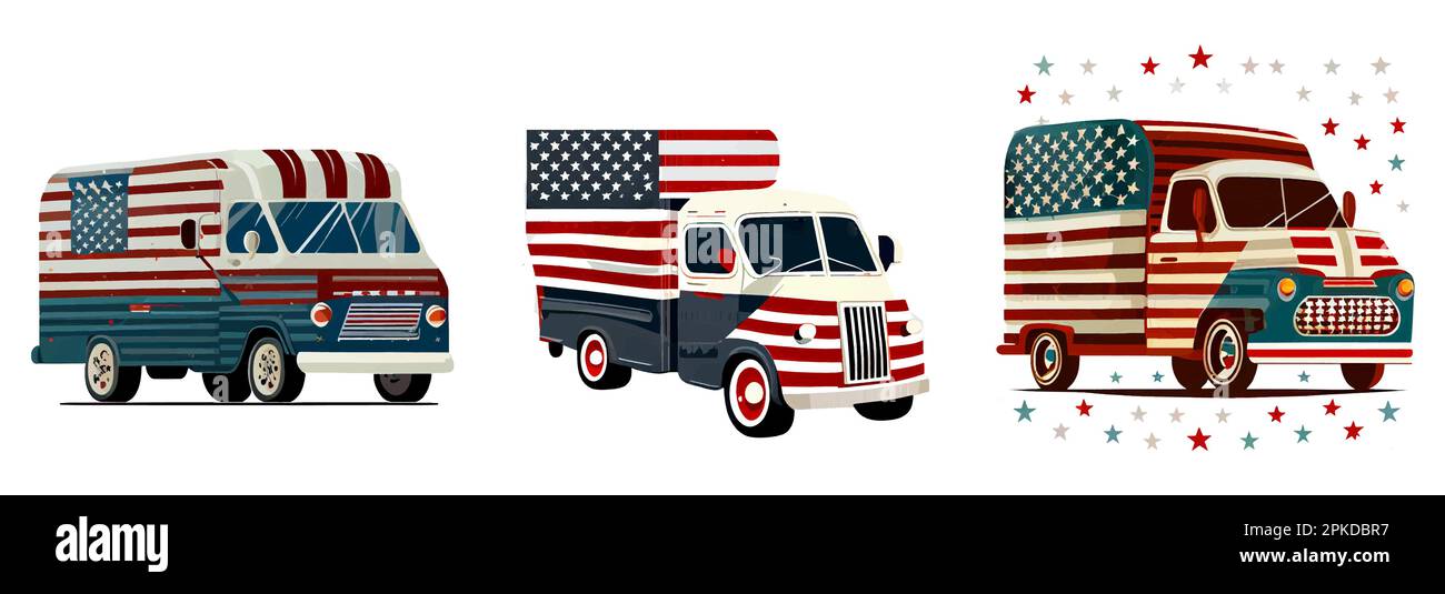 set vector illustration of truck colored by american flag isolated on white Stock Vector