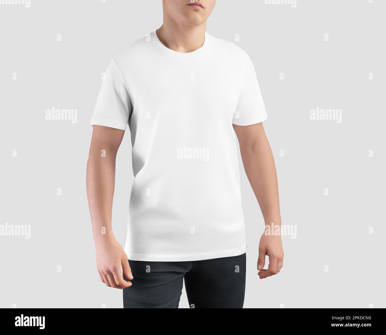 Mockup of a white shirt on a guy in dark jeans, front view, men's t-shirt, for commerce, design, branding, print. Template of casual apparel, product Stock Photo