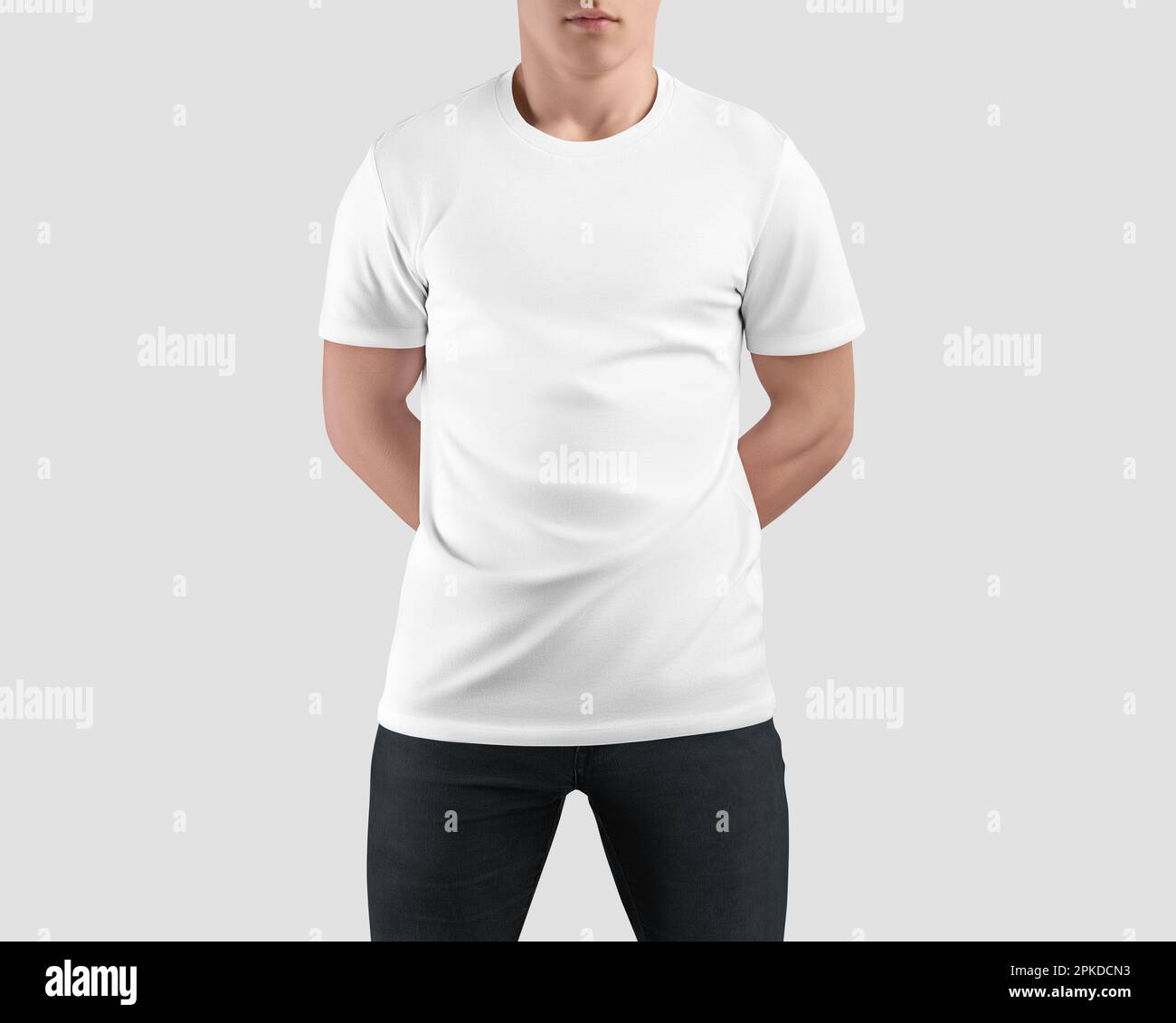 Mockup of white shirt on posing guy, front view, fashionable men's t-shirt, isolated on background. Casual apparel template for commerce, design, bran Stock Photo