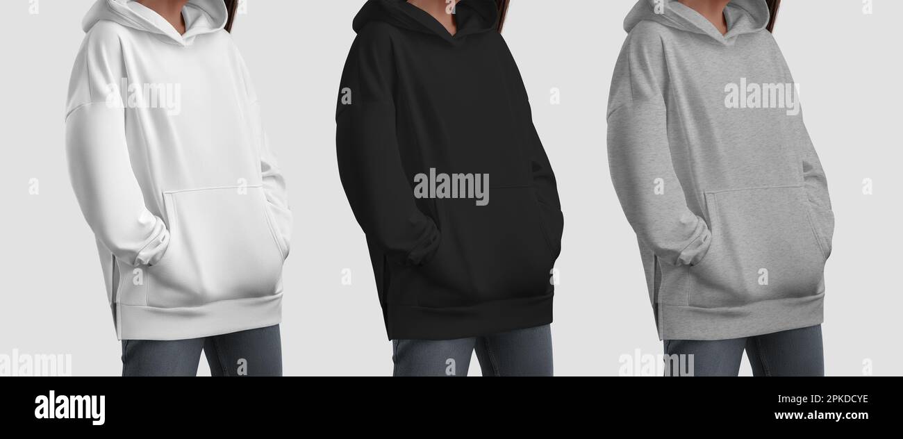 Template white, black, heather long hoodie on a girl with hands in pockets, close-up, front view, isolated on background. Apparel set for design, comm Stock Photo