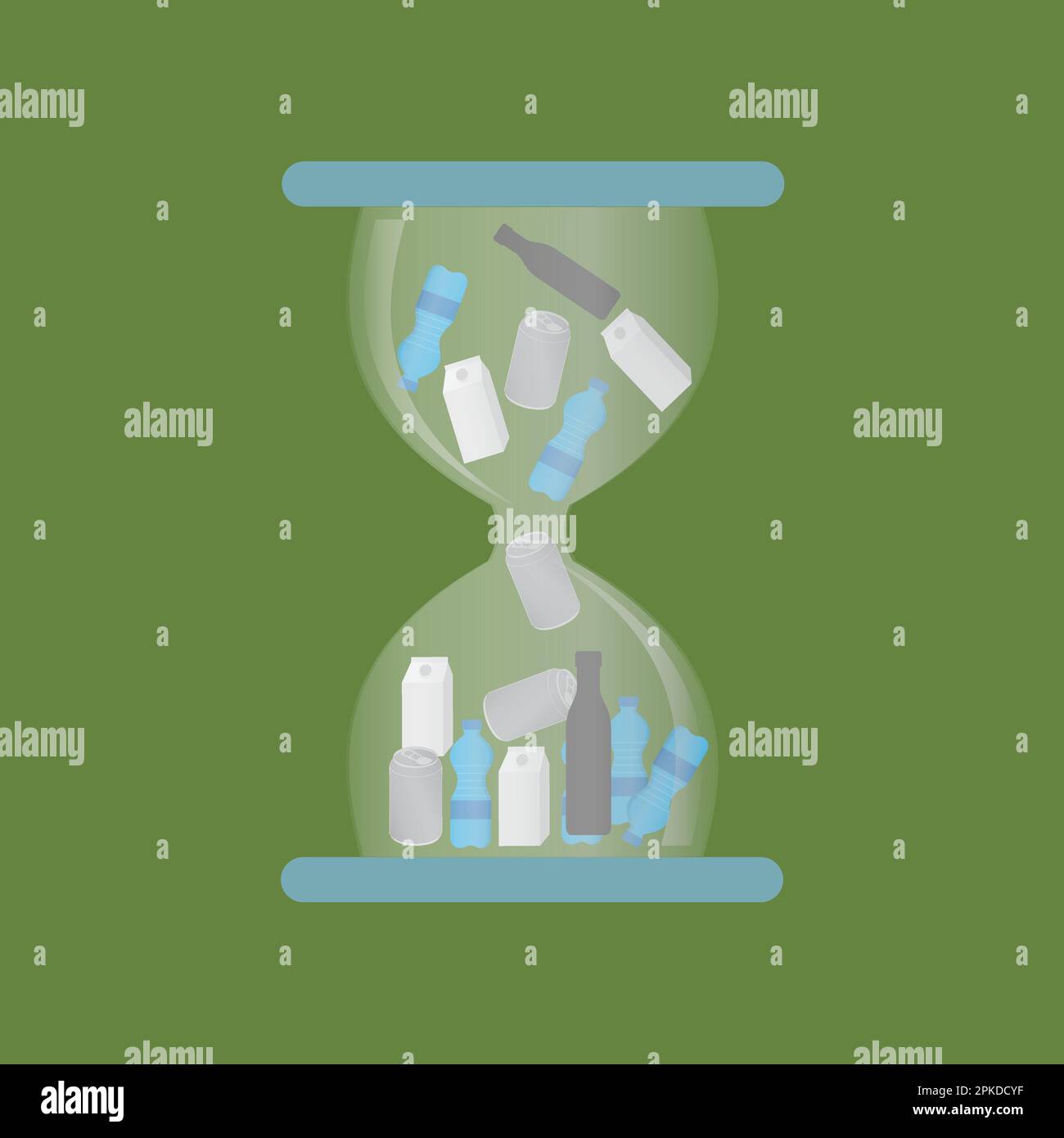 Hourglass with plastic and glass bottles, cans and containers Stock