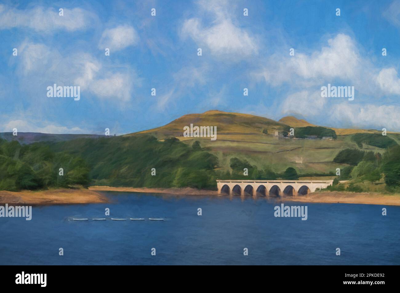 Digital painting of Ladybower Reservoir in the Upper Derwent Valley in the Peak District National Park. Stock Photo