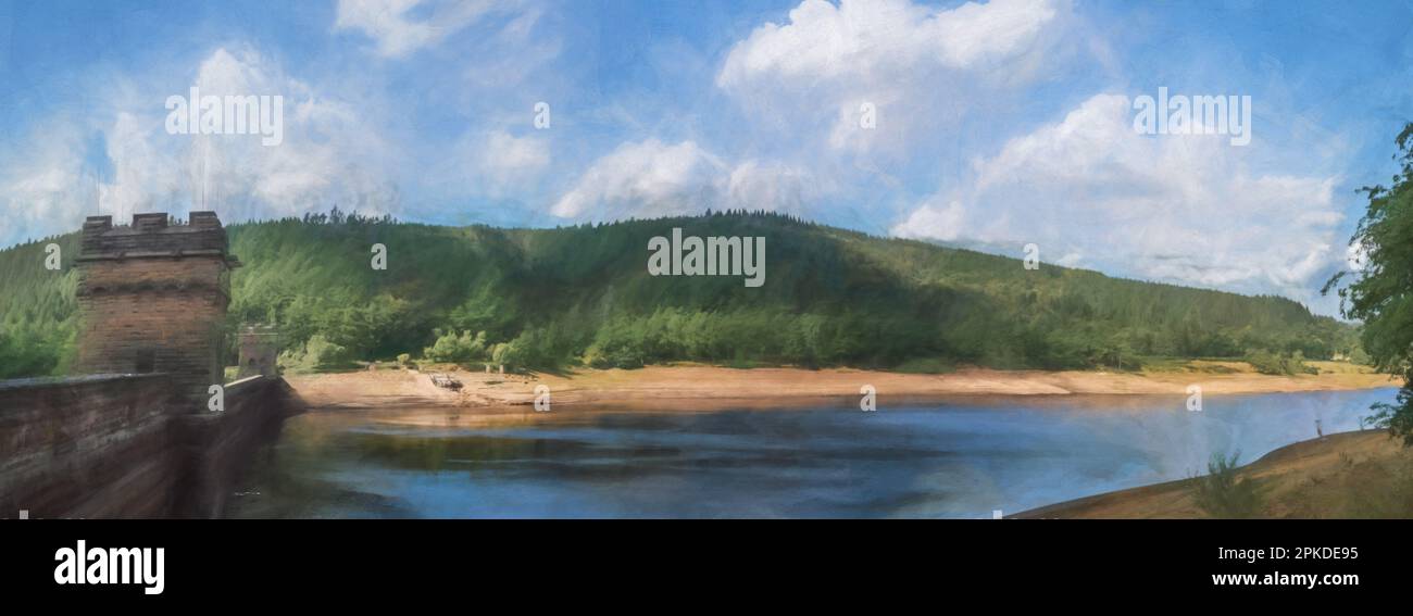 Digital painting of Derwent Reservoir in the Upper Derwent Valley in the Peak District National Park. Stock Photo