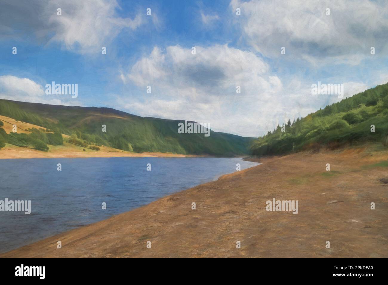 Digital painting of Ladybower Reservoir in the Upper Derwent Valley in the Peak District National Park. Stock Photo