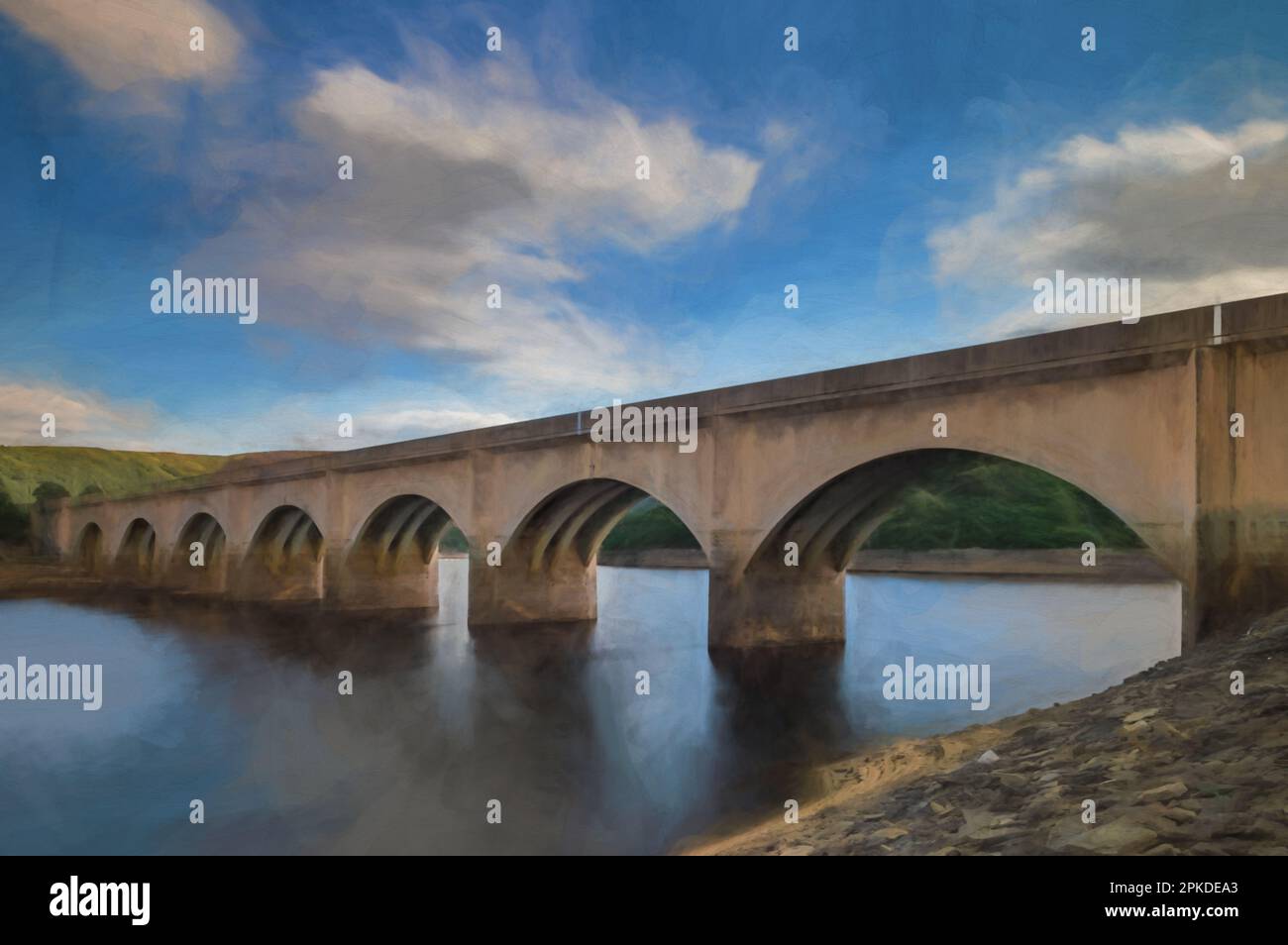 Digital painting of Ladybower Reservoir in the Upper Derwent Valley in the Peak District National Park. Stock Photo