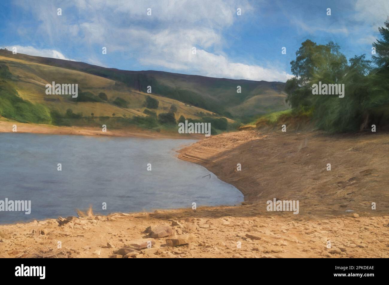 Digital painting of Ladybower Reservoir in the Upper Derwent Valley in the Peak District National Park. Stock Photo