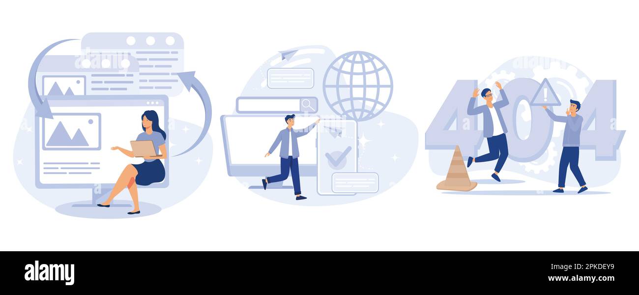Web development concept. Microsite interface, cross-browser compatibility, 404 error, programming, company page, page not found. set flat vector moder Stock Vector