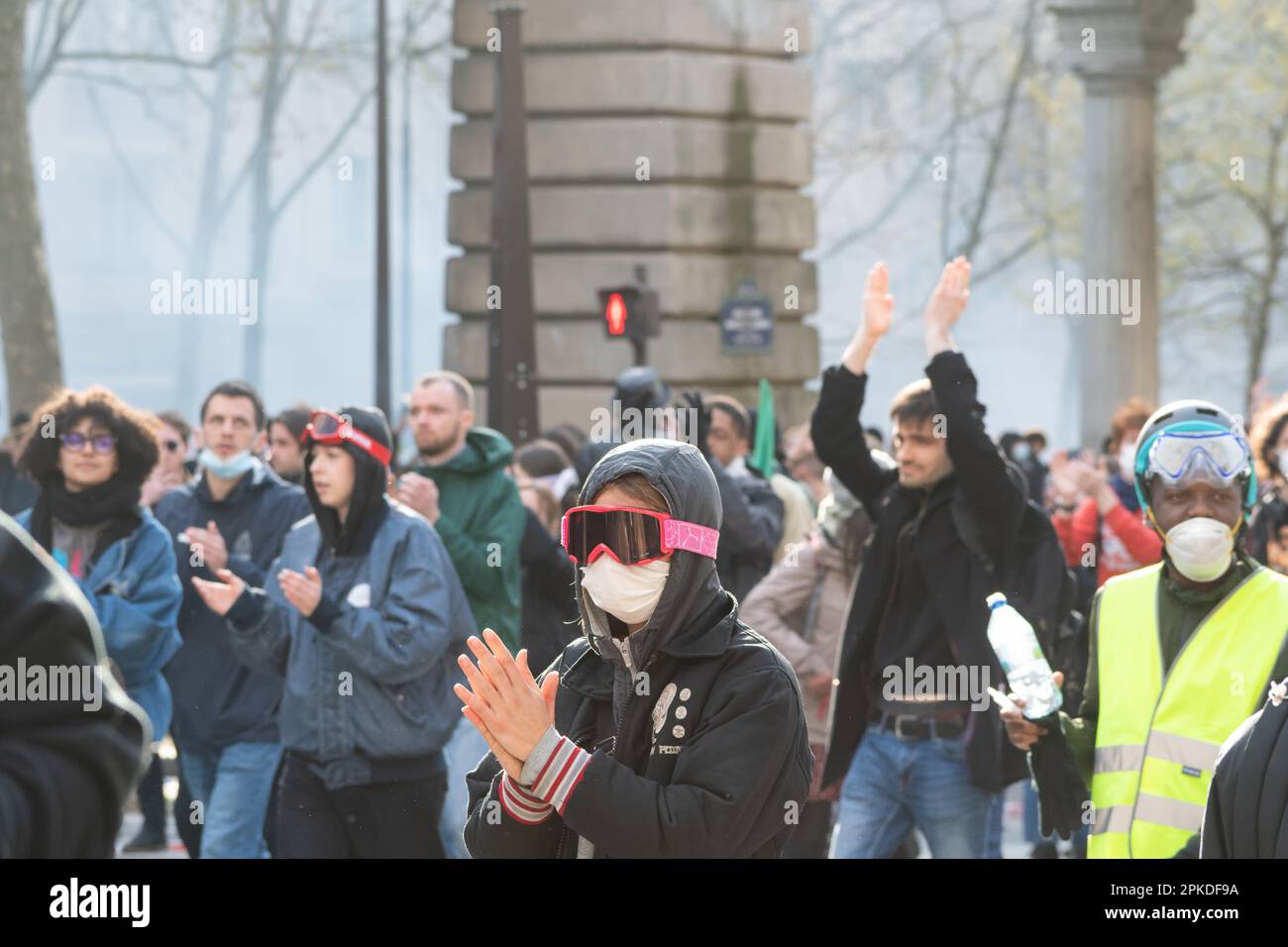 Paris, France, 06th April, 2023. Young people in the street against Macron reform - Jacques Julien/Alamy Live News Stock Photo