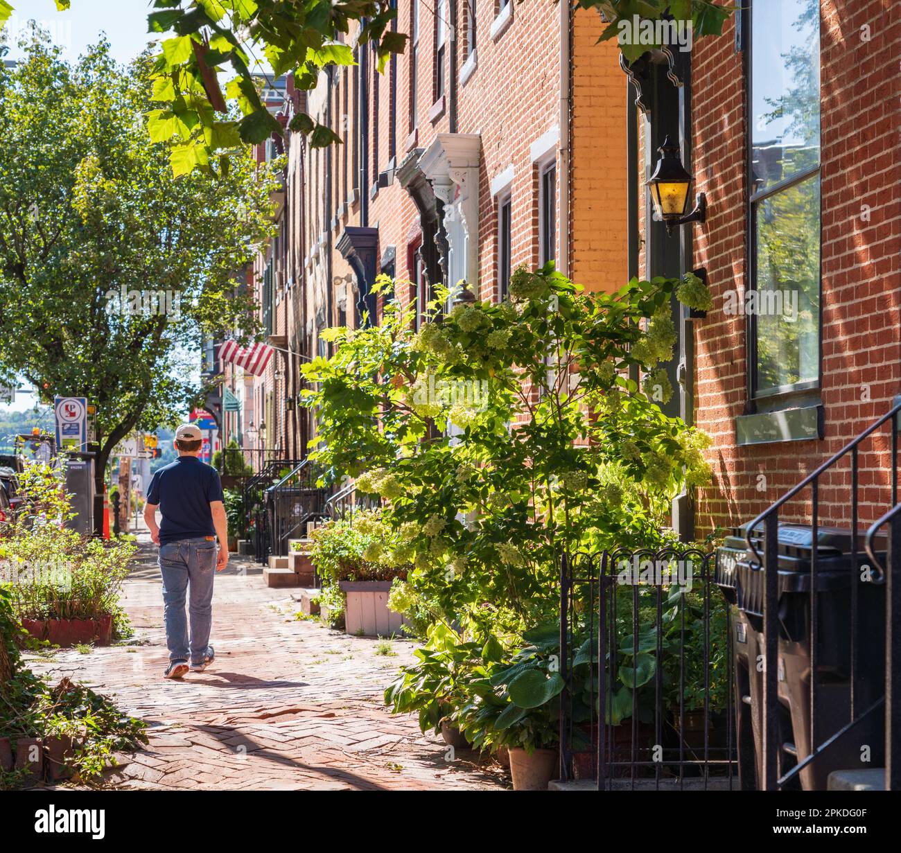 A man wearing a baseball cap walks down a street filled with charming brick row houses in Harrisburg, Pennsylvania Stock Photo