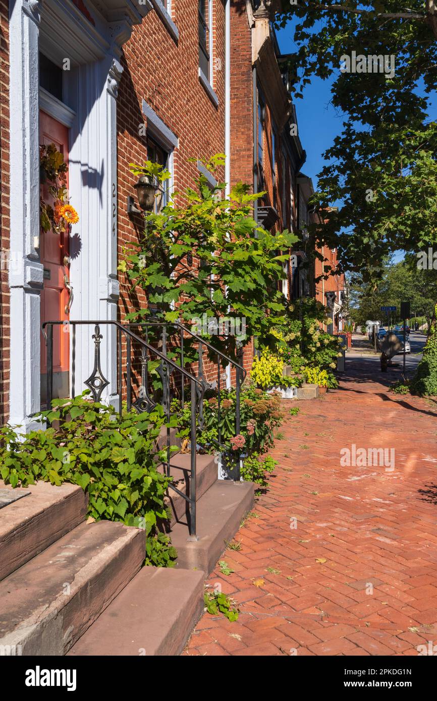 A charming tree lined street with row houses and a red brick sidewalk in a herringbone pattern in Harrisburg, the capital of Pennsylvania, USA. Stock Photo