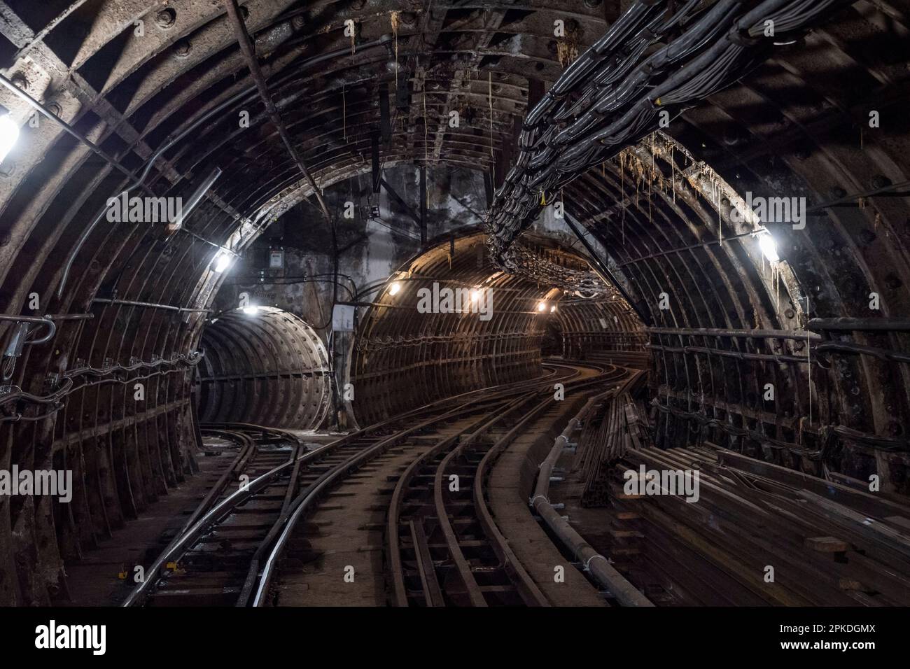 General view of tunnel junction of Mail Rail, the former  Post Office Railway system under the streets of central London, England. Stock Photo