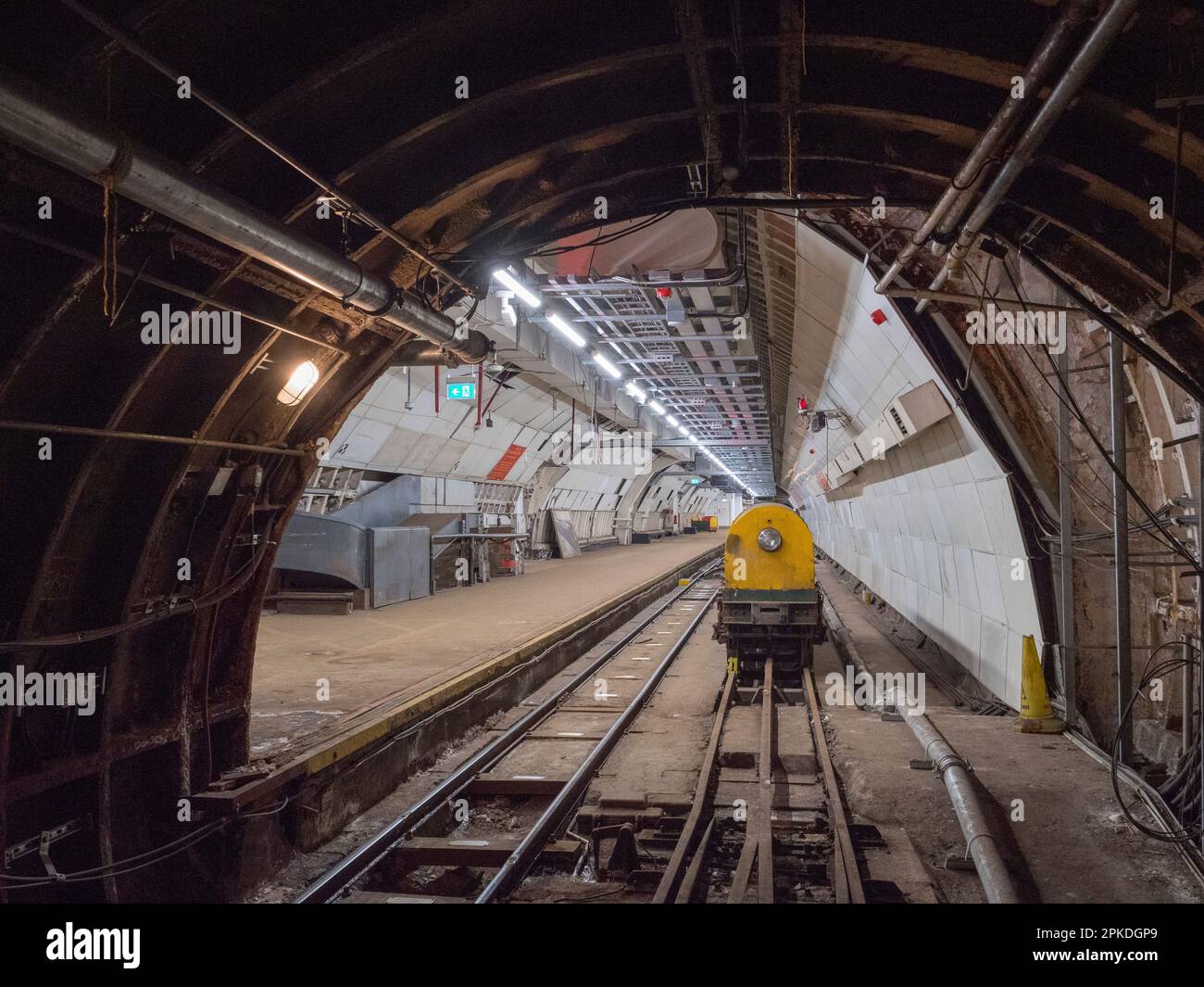 View from tunnel towards Mount Pleasant station platform of Mail Rail, the former Post Office Railway system under the streets of central London, UK. Stock Photo
