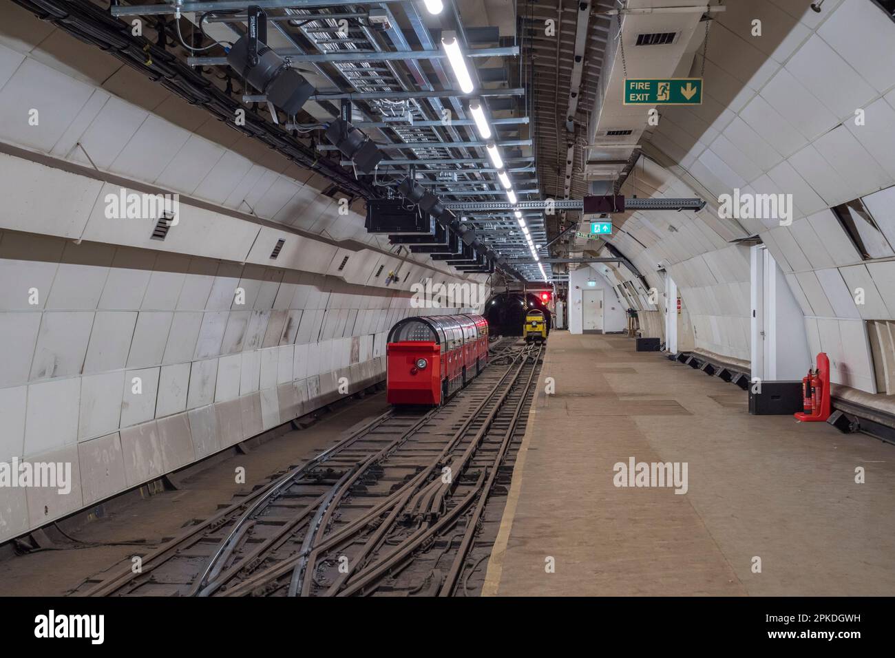 General view down a platform of Mount Plesant station, part of Mail Rail, the former Post Office Railway system in central London, UK Stock Photo