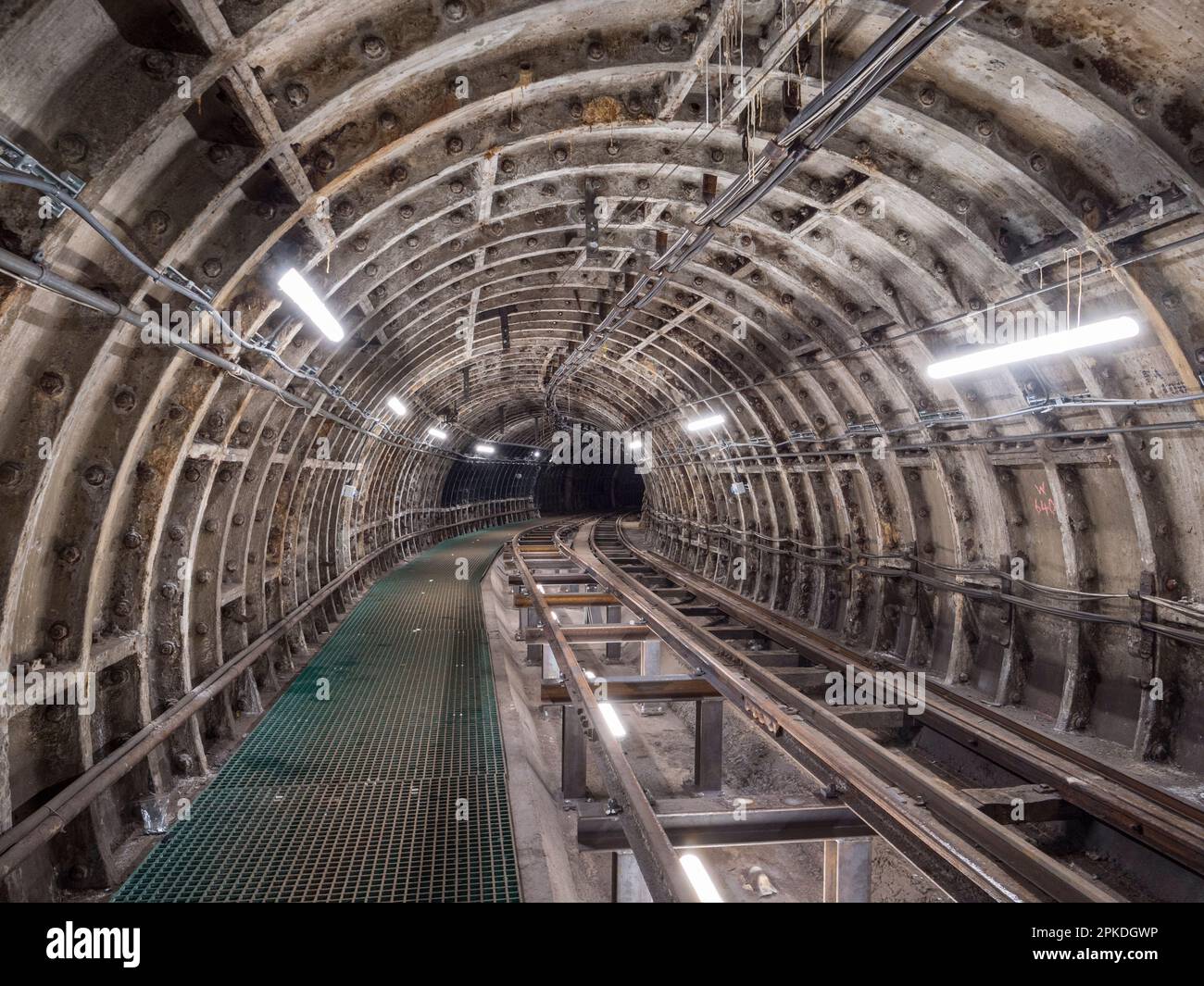 The train repair track inside a tunnel of Mail Rail, the former Post