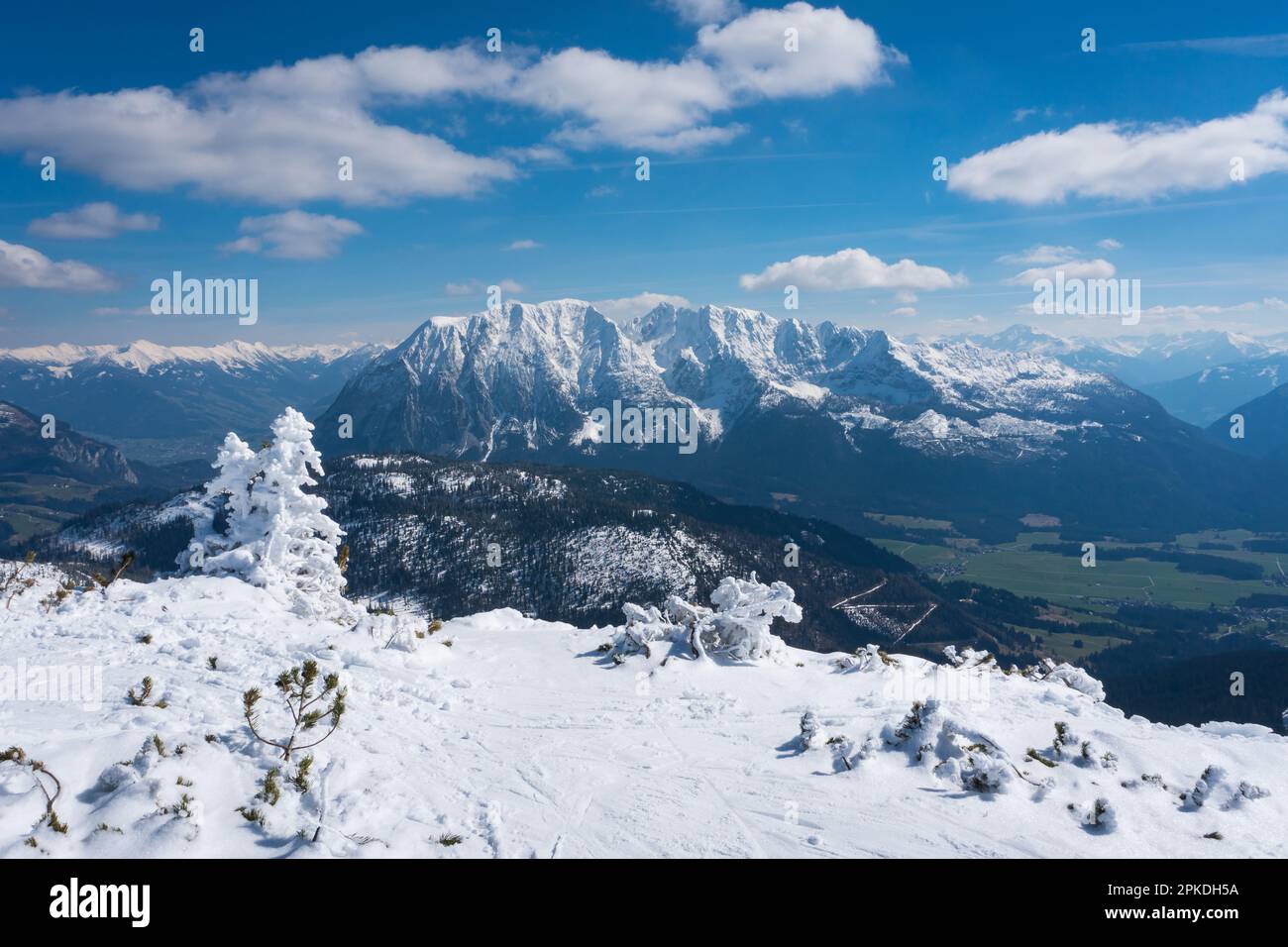 Grimming mountain in the Ennstal region in Styria. View from the Tauplitz Alm ski resort during winter and springtime. Stock Photo