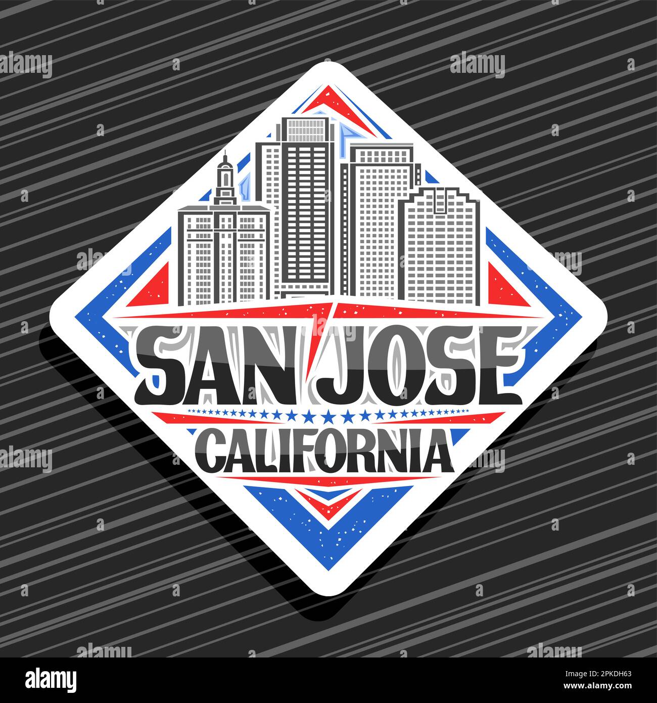 Vector logo for San Jose, white rhombus road sign with line illustration of modern californian city scape on day sky background, decorative refrigerat Stock Vector