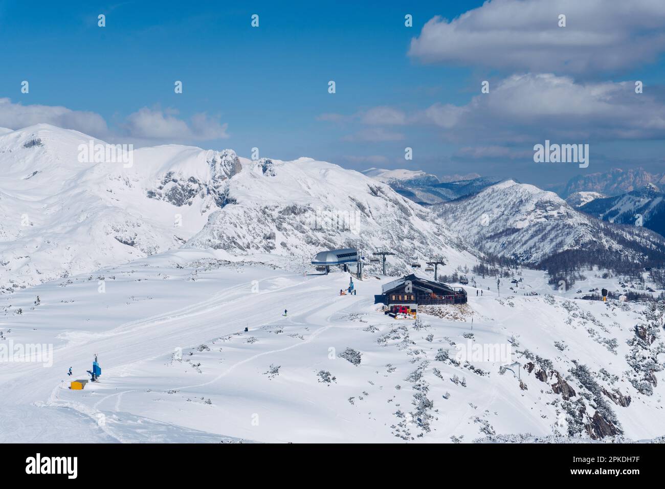 Tauplitz Alm in Bad Mitterndorf in Styria, Austria. Scenic aerial winter panorama. Stock Photo
