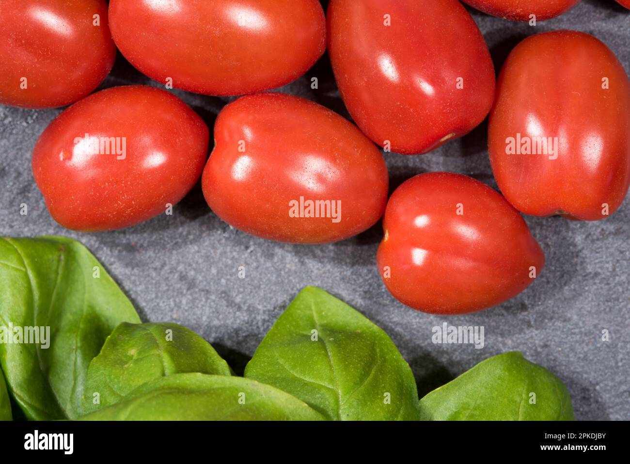 alcuni bei pomodori con foglie di basilico Stock Photo