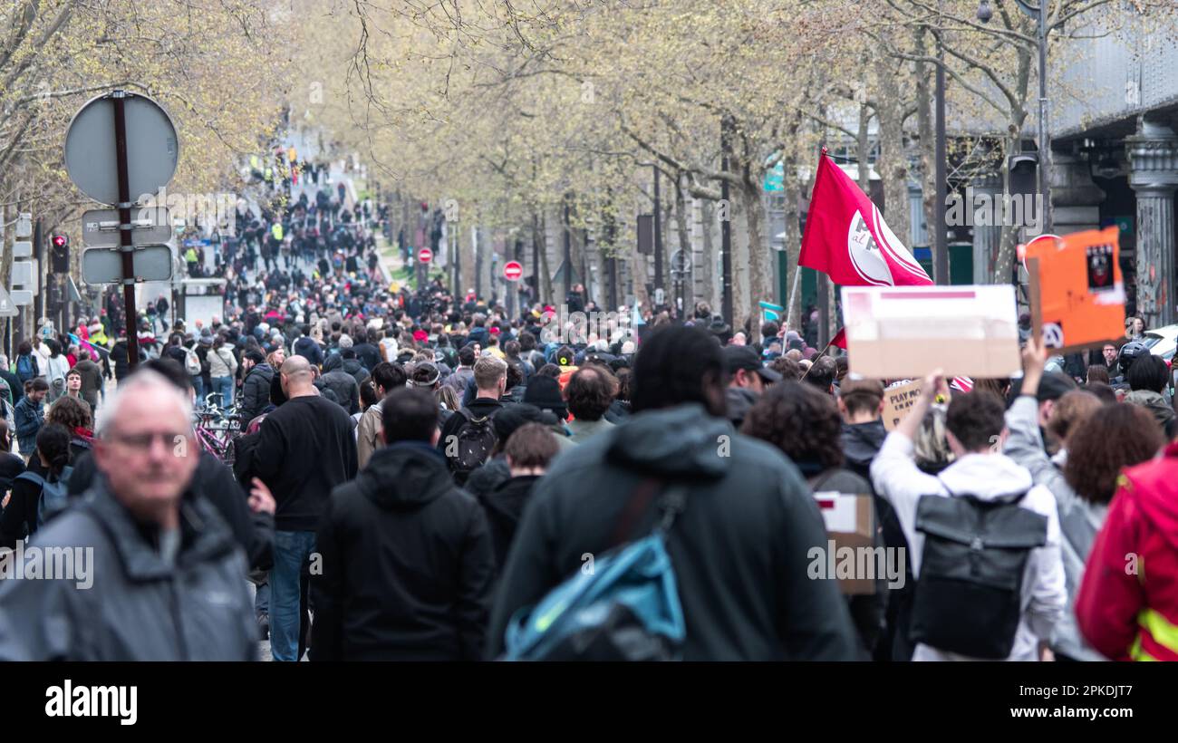 Paris, France, 04th April, 2023. Massive protest march in the streets - Jacques Julien/Alamy Live News Stock Photo
