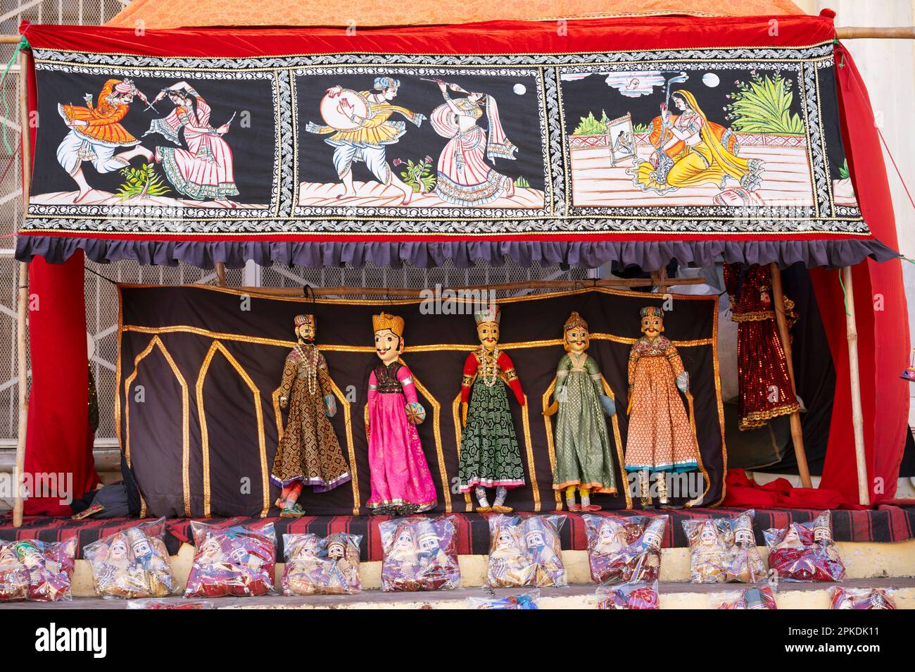 Kathputli Show or puppet show is a string puppet theatre. String marionette controlled by a single string that passes it from the top of the puppet ov Stock Photo