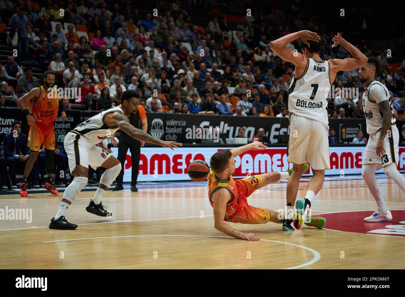 Martin Hermannsson of Valencia basket (L) and Ismael Bako of Virtus Segafredo Bologna Roster (R) in action during the Turkish Airlines EuroLeague Regular Season Round 33 at Fuente de San Luis Sport Hall.Valencia Basket 79:68 Virtus Segafredo Bologna Roster (Photo by Vicente Vidal Fernandez / SOPA Images/Sipa USA) Stock Photo