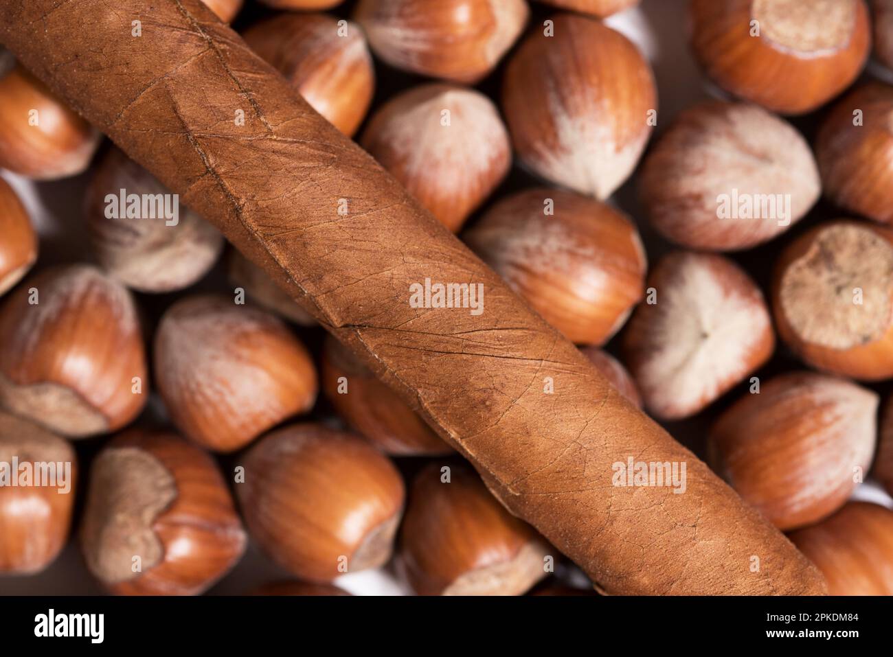 un sigaro cubano sopra un mix di nocciole Stock Photo