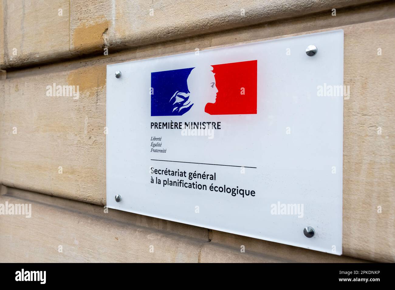 Close-up of the plaque at the entrance of the General Secretariat for Ecological Planning building with the logo of the French Republic Stock Photo