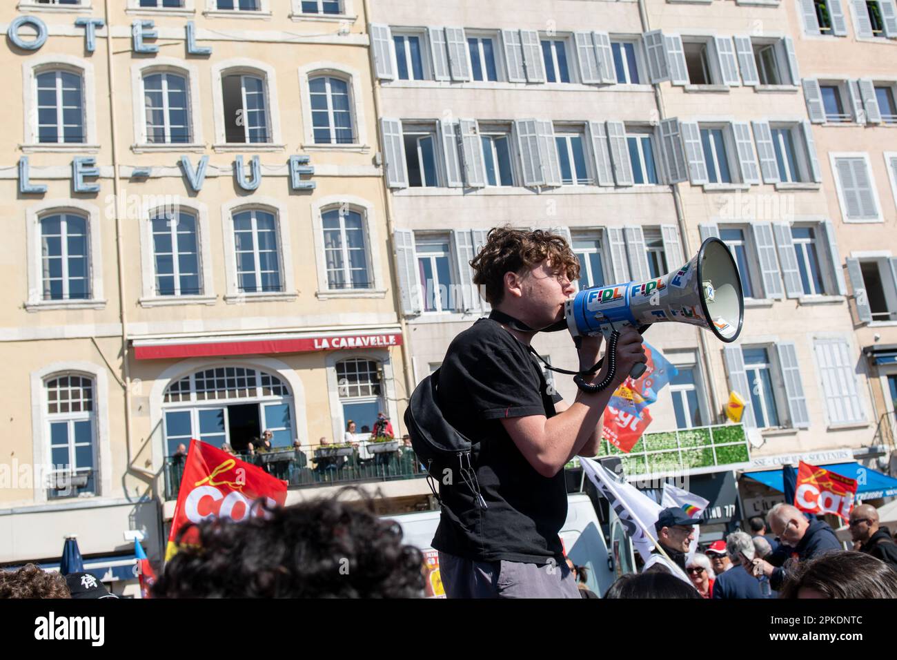 Marseille, France. 06th Apr, 2023. A protester shouts slogans on a  megaphone during a demonstration. Between 10,000 (according to the police)  and 160,000 (according to the organisers) people took part in the