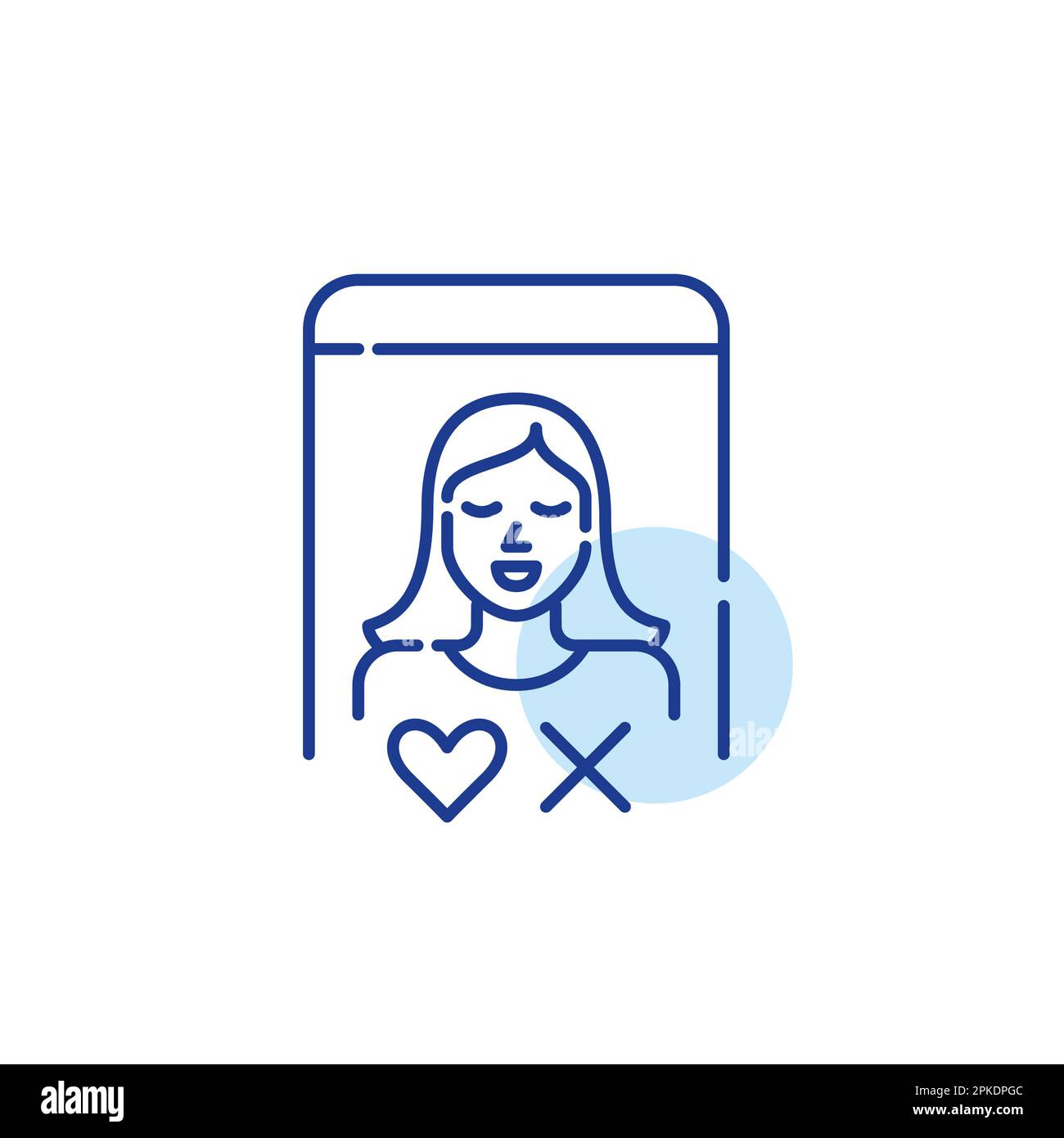 Dating app female user. Possible match with heart and cross as yes or no symbols. Pixel perfect, editable stroke icon Stock Vector