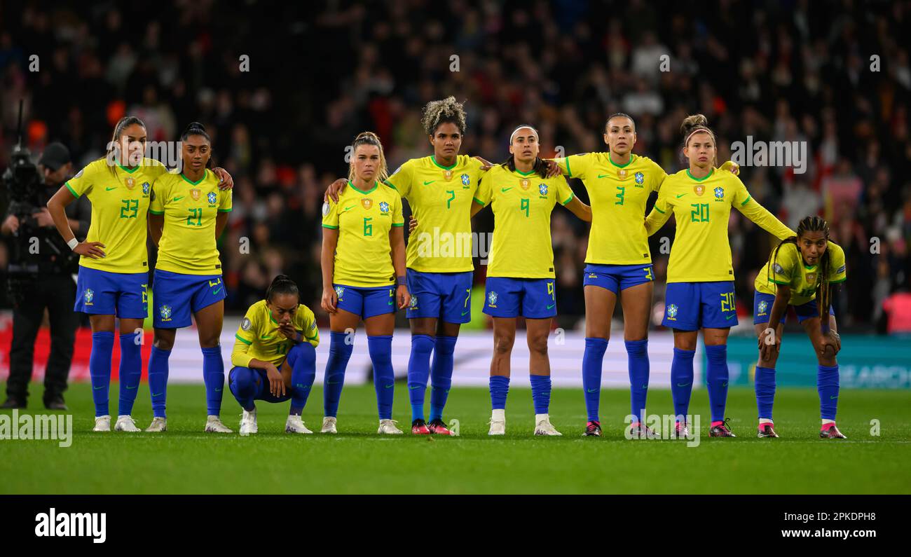 06 Apr 2023 - England v Brazil - Women’s Finalissima - Wembley Stadium  The Brazil team watch on during the penalty shootout during the Women's Finalissima 2023 at Wembley as they lose to England 4-2 on penalties.  Picture : Mark Pain / Alamy Live News Stock Photo
