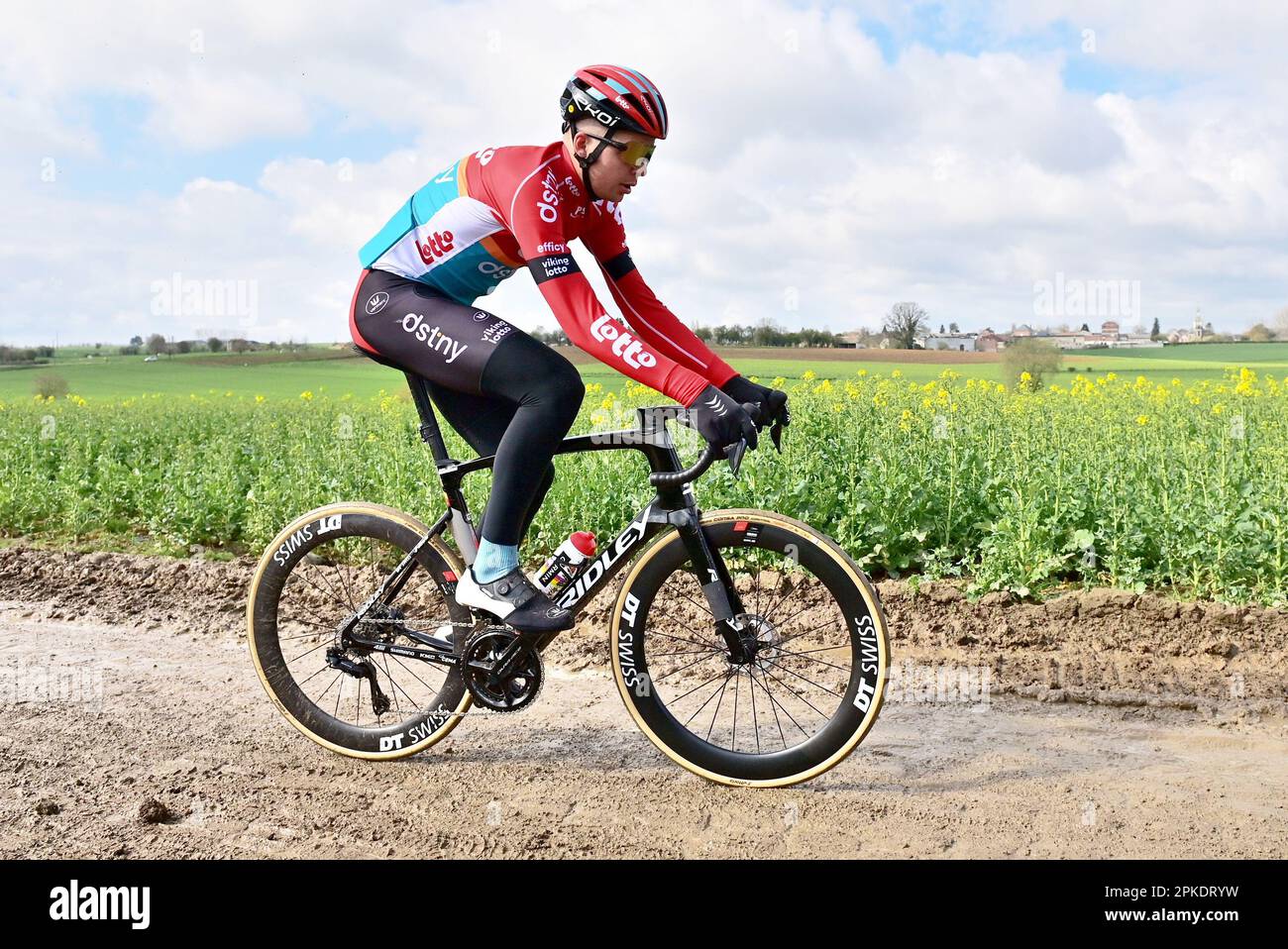 Roubaix France. 07th Apr 2023. Belgian Florian Vermeersch of Lotto Dstny pictured in action during the reconnaissance of the track ahead of this year s Paris Roubaix cycling race Friday 07 April 2023 ...
