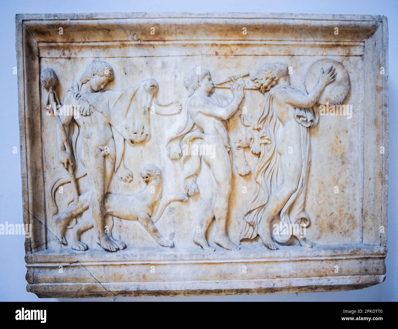 London, UK, British Museum Collection, Roman Antique Sculptures, Marble Relief of a Maenad and two Satyrs in a Dionysiac Procession, (Rome)(1st c) Stock Photo