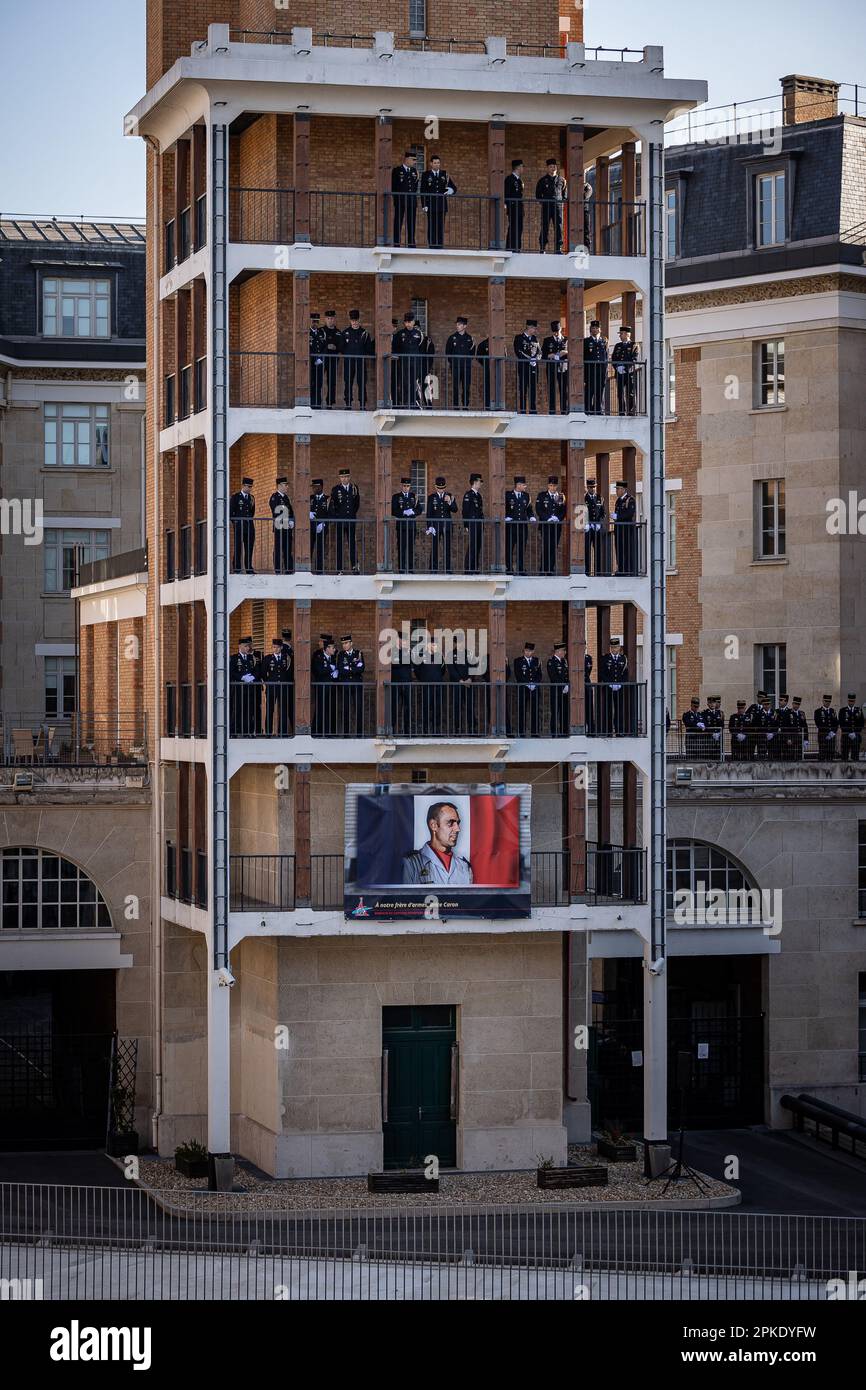 Paris, France. 07th Apr, 2023. Ceremony in honor of Corporal Brice Caron at the Champerret fire station of the Paris Fire Brigade (BSPP) in Paris, France, on April 7, 2023. Photo by Aurelien Morissard/ABACAPRESS.COM Credit: Abaca Press/Alamy Live News Stock Photo