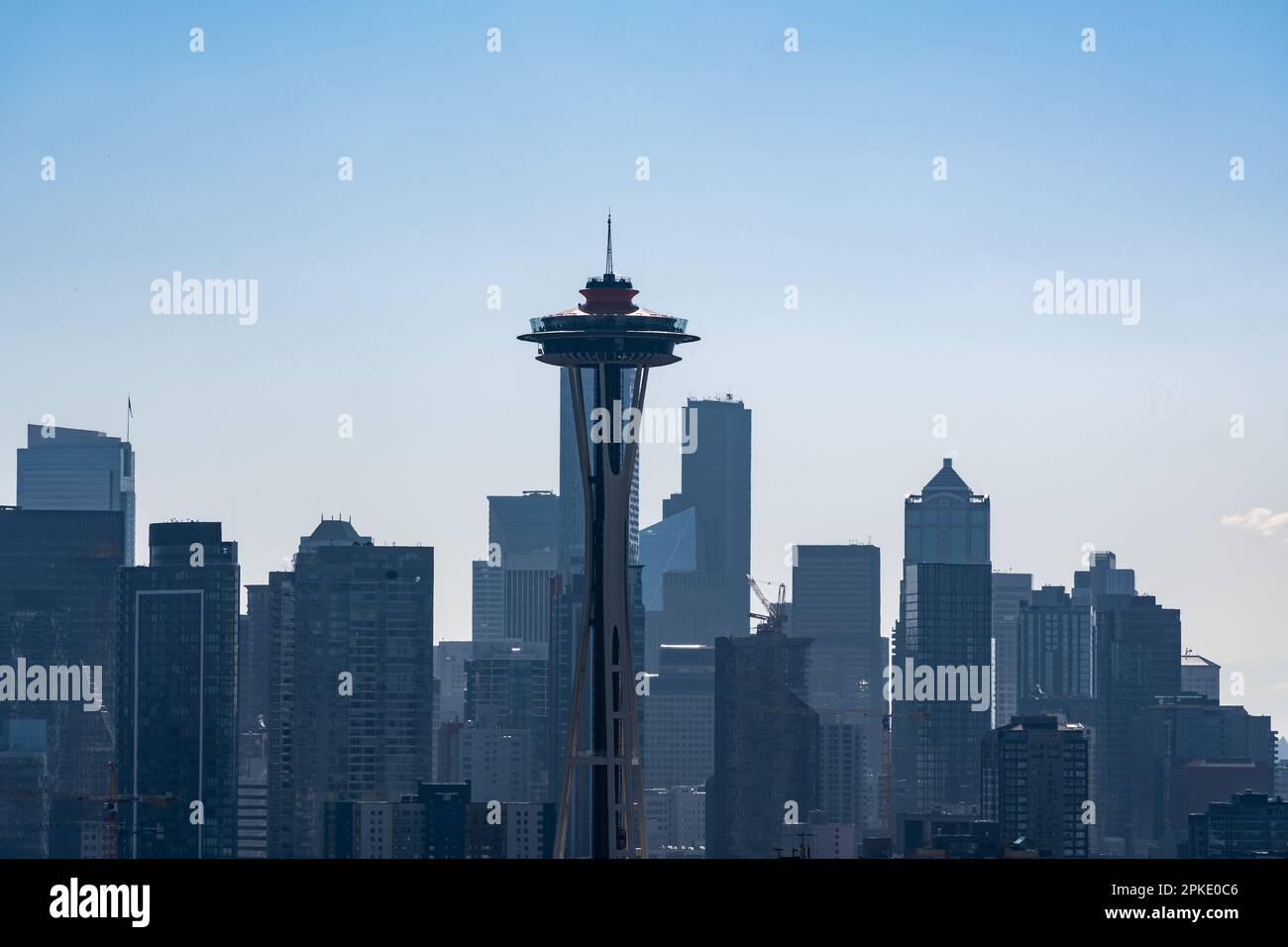 The Seattle skyline on a clear sunny day with the Space Needle in the foreground and Downtown behind it. Stock Photo