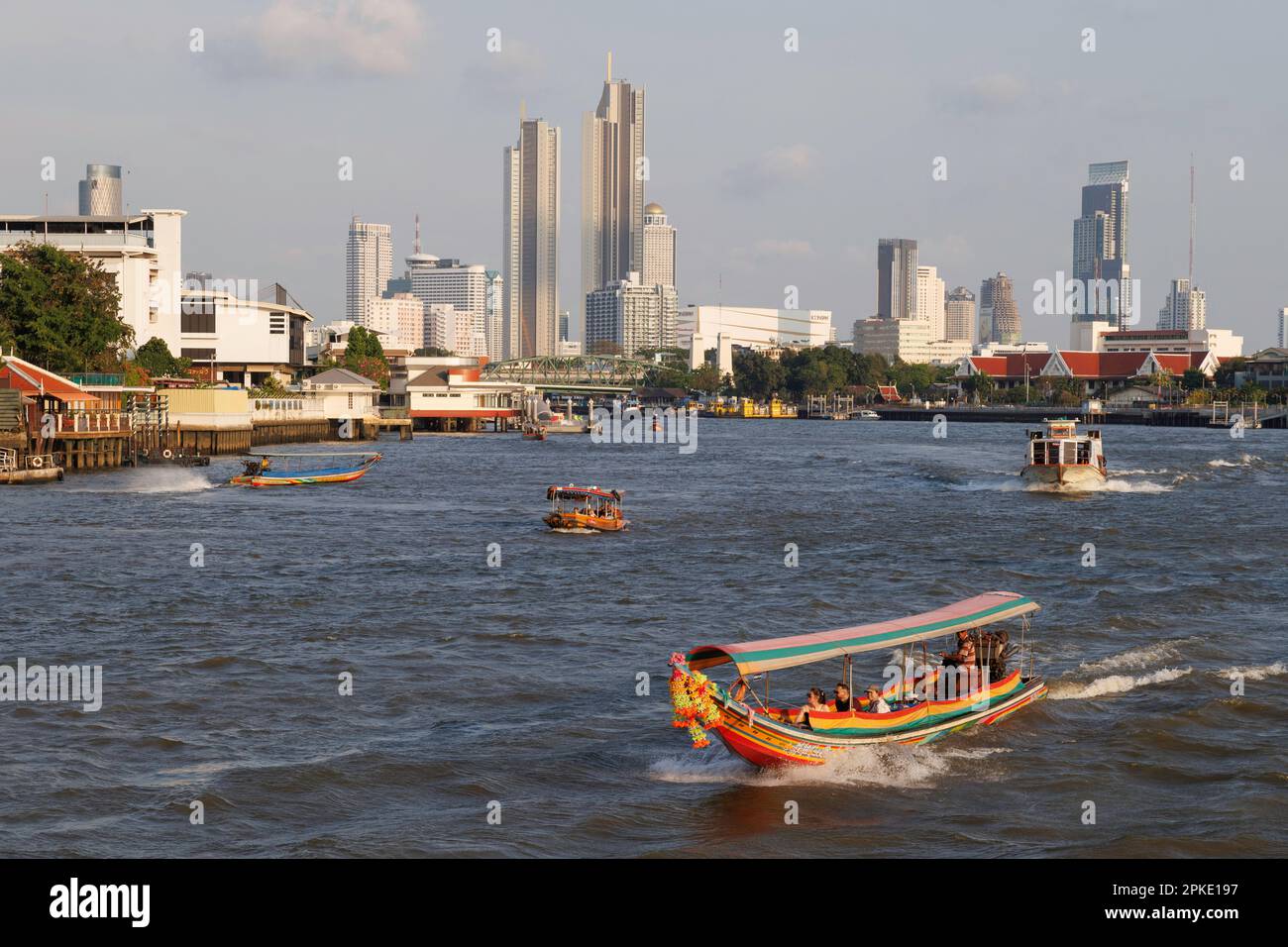 April 7, 2033 - Bangkok, Thailand : asian and Europe tourist travel on traditional long tail boat to floating market in Chao Phraya river at Bangkok c Stock Photo