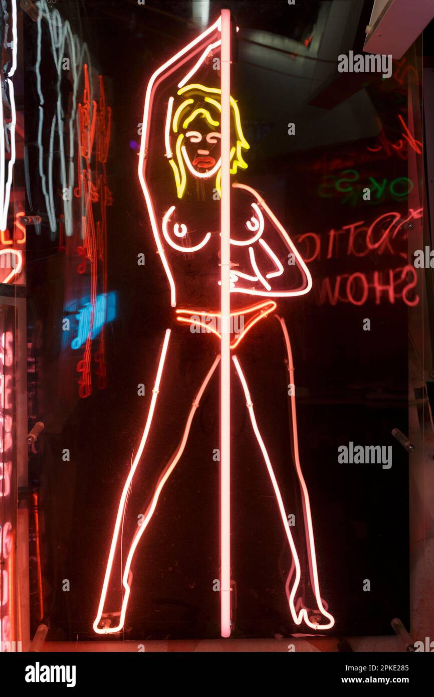Pole dancing neon sign, Gods Own Junkyard, London, UK Stock Photo