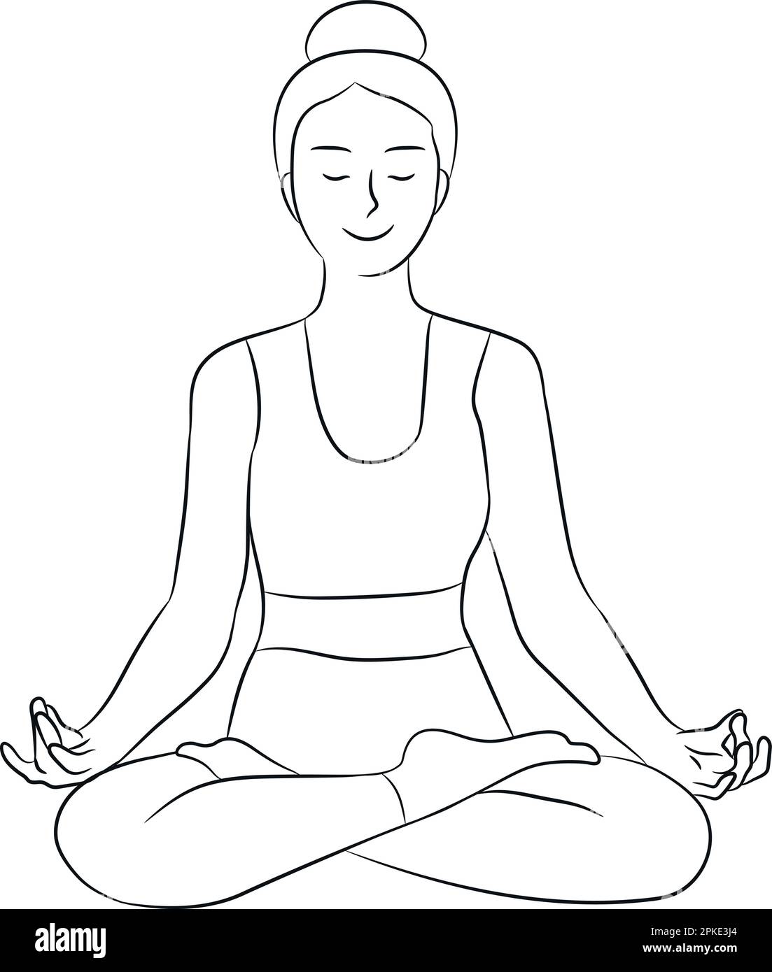 Young woman is sitting in lotus position with closed eyes and smile Stock Vector