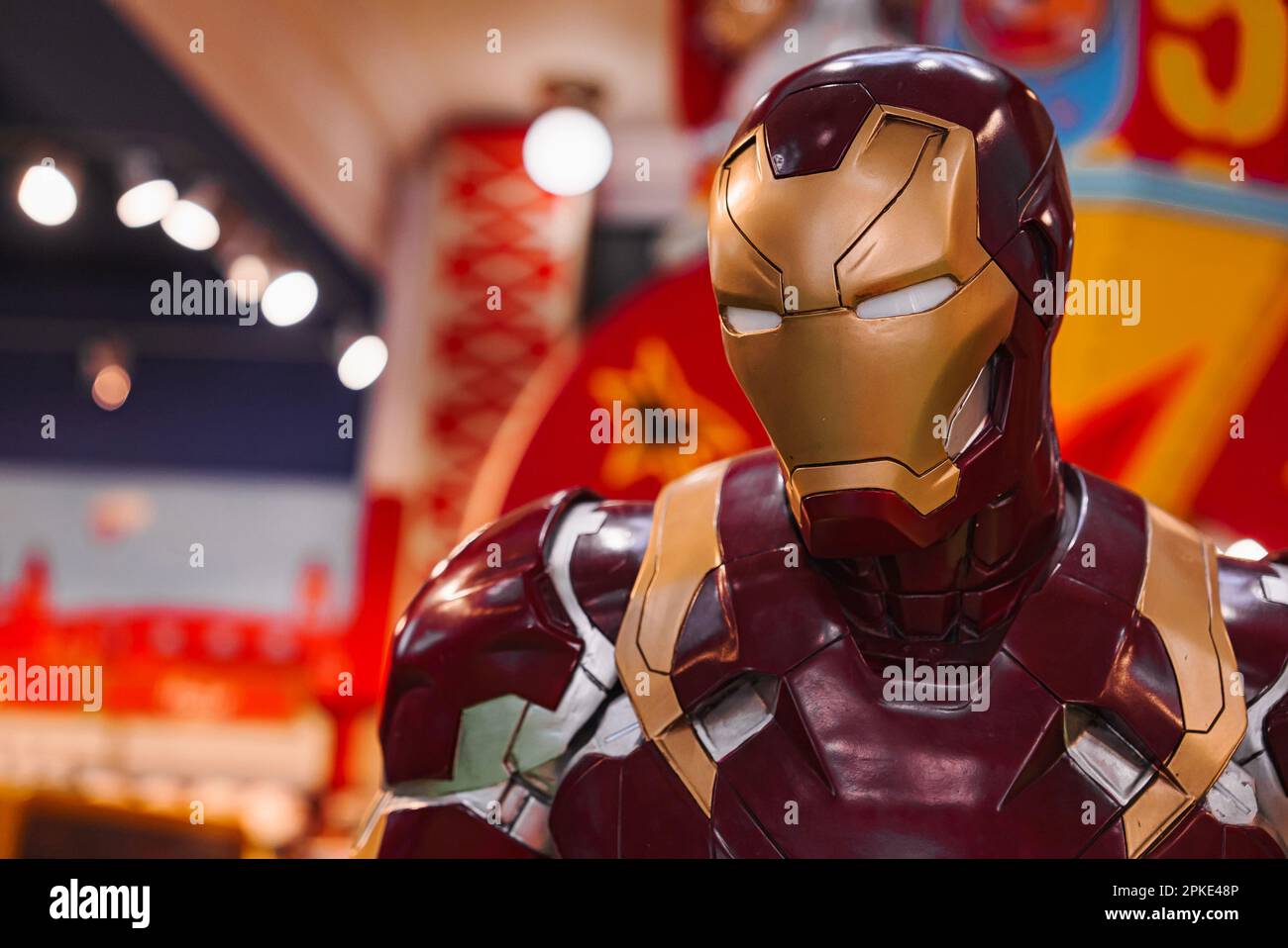 Iron Man costume at the Tony Stark base at the Avengers Stock Photo Alamy