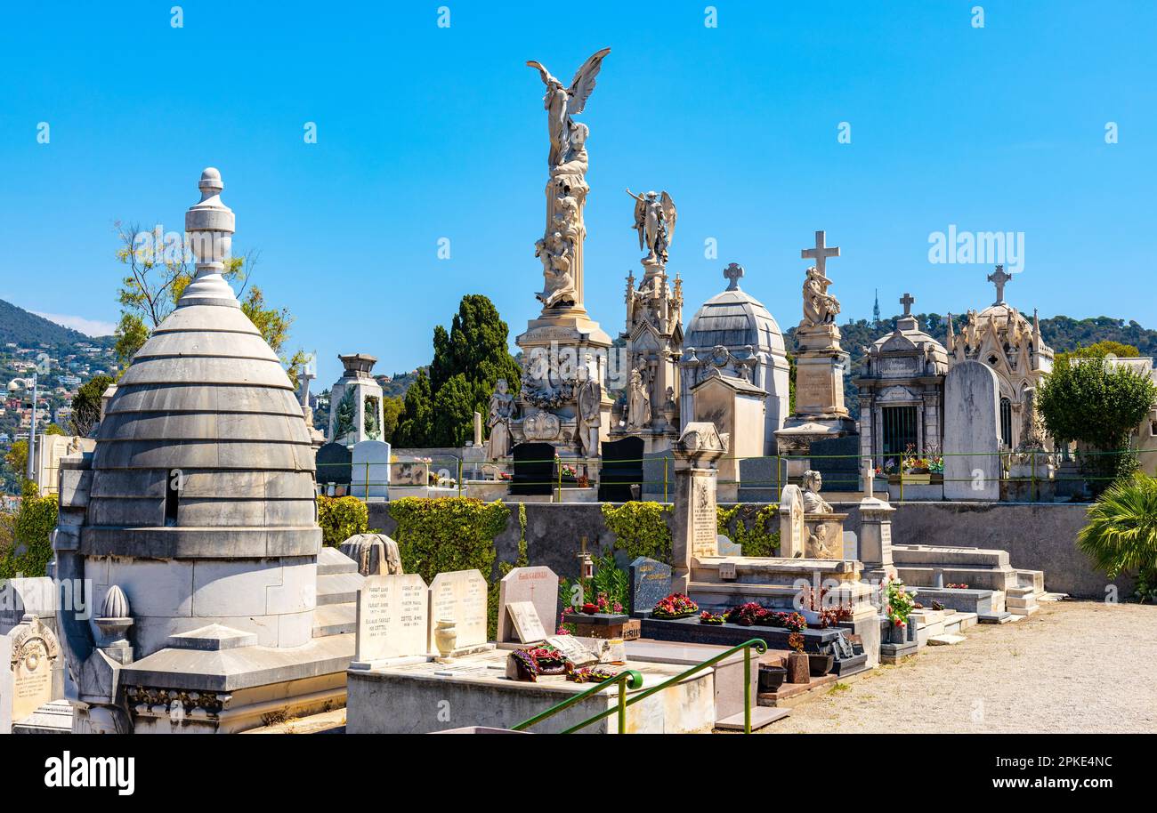 Nice, France - August 3, 2022: Historic Cimetiere do Chateau Christian Cemetery in historic old town district of Nice at French Riviera of Mediterrane Stock Photo