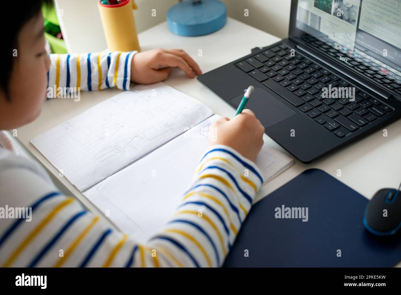 Boy studying in front of computer screen Stock Photo