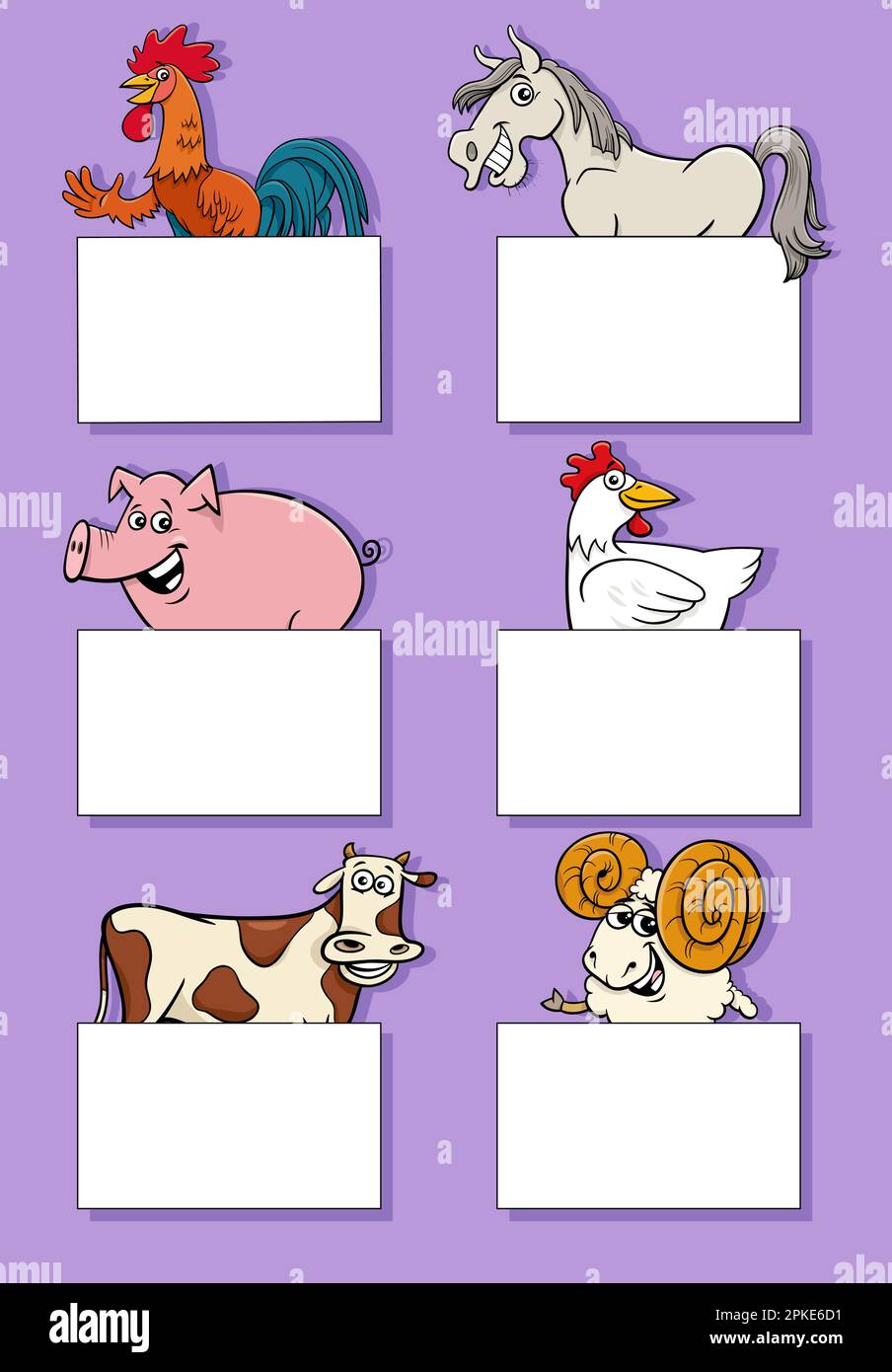 Cartoon illustration of funny farm animals with blank cards or banners