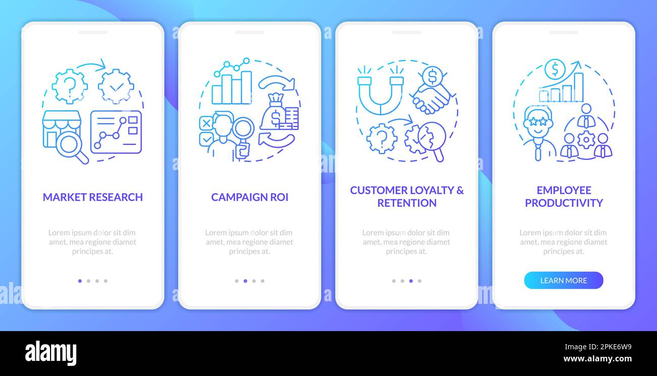 Causal research examples blue gradient onboarding mobile app screen Stock Vector