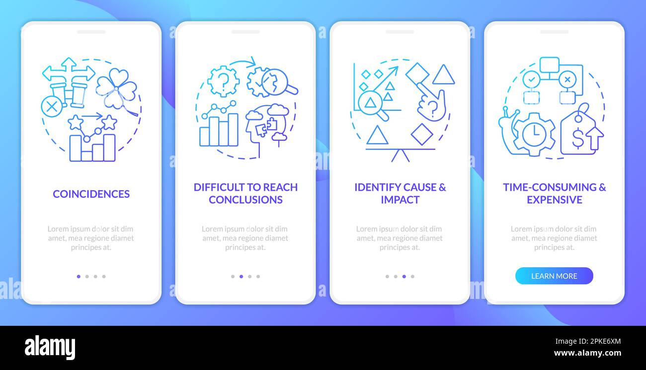 Causal research disadvantages blue gradient onboarding mobile app screen Stock Vector