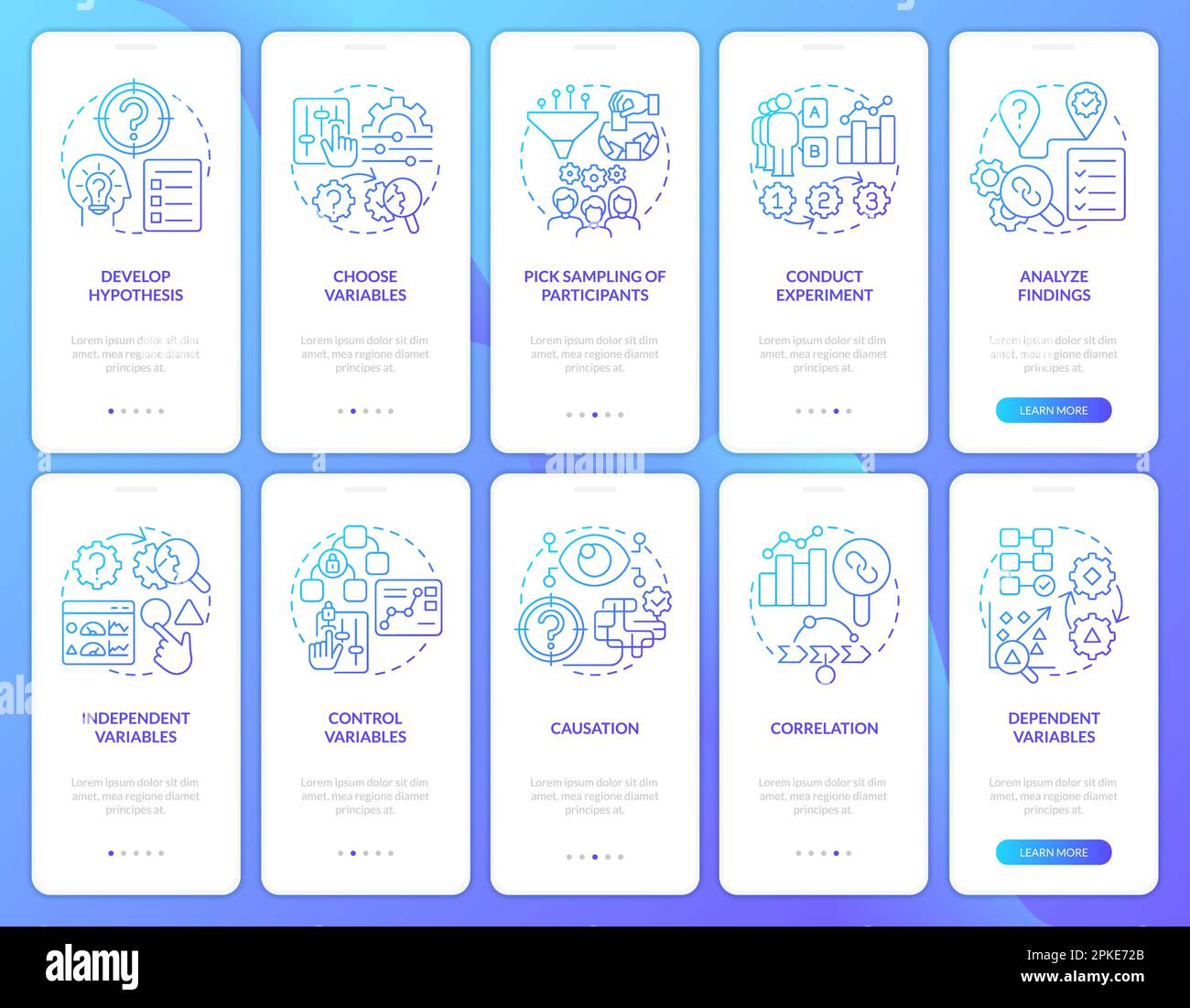 Causal research blue gradient onboarding mobile app screens set Stock Vector