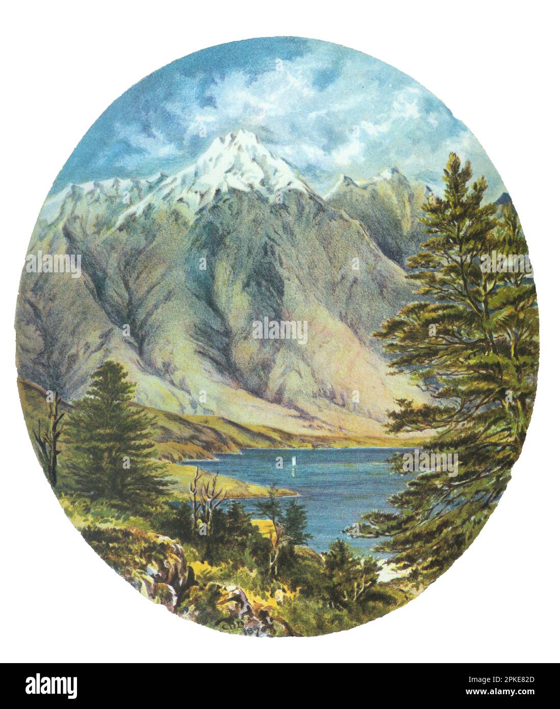 Chromolithograph of the Remarkables near Queenstown, New Zealand, by Charles Decimus Barraud, circa 1877 Stock Photo